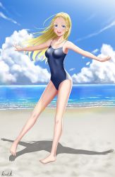 Rule 34 | 1girl, absurdres, barefoot, beach, blonde hair, blue eyes, blue one-piece swimsuit, blue sky, cloud, competition school swimsuit, day, full body, highres, horizon, jewelry, kayama kouji, kofune ushio, long hair, necklace, ocean, one-piece swimsuit, open mouth, outdoors, outstretched arms, round teeth, school swimsuit, shadow, shell, shell necklace, signature, sky, solo, summertime render, swimsuit, teeth, upper teeth only, very long hair