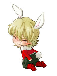 Rule 34 | 10s, 1boy, animal ears, bad id, bad pixiv id, barnaby brooks jr., blonde hair, boots, chibi, closed eyes, full body, glasses, jacket, kemonomimi mode, male focus, neconeco22, rabbit ears, rabbit tail, simple background, solo, tail, tears, tiger &amp; bunny, white background