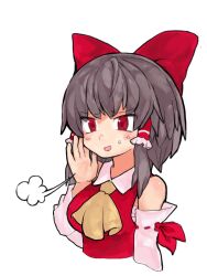 Rule 34 | 1girl, ascot, blush, bow, breasts, brown hair, collared shirt, commentary request, cookie (touhou), cropped torso, detached sleeves, frilled hair tubes, frills, hair bow, hair tubes, hakurei reimu, hand up, kanakamei1, looking at viewer, medium bangs, medium breasts, medium hair, open mouth, puff of air, red bow, red eyes, red shirt, reu (cookie), ribbon-trimmed sleeves, ribbon trim, sarashi, shirt, sidelocks, simple background, sleeveless, sleeveless shirt, smile, solo, touhou, upper body, white background, white sleeves, yellow ascot