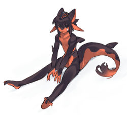 Rule 34 | 1girl, 4040tinta, bandaid, bandaid on face, black hair, black skin, colored skin, female focus, fins, flat chest, furry, furry female, highres, horns, looking at viewer, nude, original, pointy ears, red skin, sidelocks, simple background, sitting, solo, tail, white background