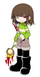 Rule 34 | 1other, androgynous, black footwear, blood, bloody knife, bloody weapon, boots, brown hair, brown shorts, chara (undertale), closed mouth, evil smile, flower, flowey (undertale), funamusea (style), green sweater, holding, holding flower, holding knife, knife, one eye closed, pantyhose, red eyes, shirt, short hair, shorts, simple background, smile, striped clothes, striped shirt, striped sweater, sweater, thc (thc3795), thighhighs, undertale, weapon, white background