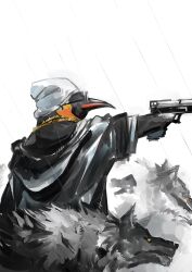 Rule 34 | 1boy, aiming, animal, arknights, bird, black jacket, emperor (arknights), from side, gun, handgun, hat, highres, holding, holding gun, holding weapon, hood, hood down, hooded jacket, jacket, karaage-senpai, long sleeves, male focus, outstretched arm, penguin, rain, simple background, solo, sunglasses, water, weapon, white background, white hat, wolf