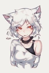 Rule 34 | 1girl, :p, absurdres, animal ears, breasts, cat ears, collar, deel (rkeg), highres, looking at viewer, marinya, medium breasts, off shoulder, original, red eyes, revision, short hair, simple background, solo, sports bra, tongue, tongue out, upper body, white hair, wolf ears