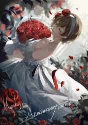 Rule 34 | 1girl, anniversary, bad id, bad pixiv id, bare shoulders, blurry, blurry background, bouquet, breasts, brown hair, character name, cleavage, closed eyes, commentary, dress, dutch angle, falling petals, flower, from above, from behind, hairband, highres, holding, holding bouquet, lace, lace-trimmed dress, lace collar, lace trim, liita (dusk snow), lips, medium breasts, meiko (vocaloid), petals, red flower, red rose, rose, short hair, smile, solo, upper body, vocaloid, white dress