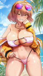 Rule 34 | 1girl, ahoge, anis (nikke), anis (sparkling summer) (nikke), bare shoulders, beach, bikini, blue sky, blush, breasts, cleavage, collarbone, eyepatch bikini, eyewear on head, goddess of victory: nikke, grin, highres, jacket, jewelry, large breasts, light brown hair, long sleeves, looking at viewer, navel, necklace, off shoulder, official alternate costume, open clothes, open jacket, palm tree, shore, short hair, sky, smile, solo, sunglasses, swimsuit, thighs, tree, uenoryoma, white bikini, yellow eyes, yellow jacket