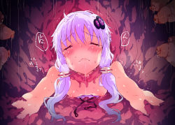 Rule 34 | 1girl, bare shoulders, blush, breasts, clothes pull, dress, dress pull, closed eyes, hair ornament, low twintails, nipples, no bra, petenshi (dr. vermilion), purple hair, restrained, saliva, short hair with long locks, small breasts, solo, stationary restraints, sweat, tears, tentacles, through wall, trembling, twintails, vocaloid, voiceroid, yuzuki yukari