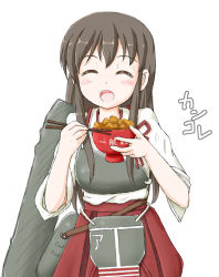 Rule 34 | 10s, 1girl, akagi (kancolle), armor, bad id, bad pixiv id, blush, bowl, breastplate, chopsticks, eating, closed eyes, flipper, japanese clothes, kantai collection, long hair, muneate, open mouth, personification, skirt, smile, solo, thighhighs