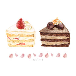 Rule 34 | 39no39, artist name, cake, cake slice, chocolate cake, food, food focus, fruit, no humans, original, simple background, still life, strawberry, strawberry shortcake, white background