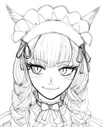 Rule 34 | 1girl, blush, braid, closed mouth, facial mark, final fantasy, final fantasy xiv, greyscale, lochris, looking at viewer, maid headdress, miqo&#039;te, monochrome, portrait, simple background, sketch, slit pupils, smile, solo, twin braids, whisker markings