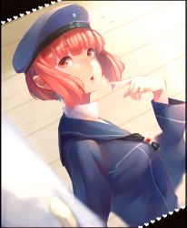 Rule 34 | 10s, 1girl, bad id, bad pixiv id, beret, dutch angle, finger to mouth, flying sweatdrops, ganko-chan (shashaneko123), hat, heart, highres, kantai collection, long sleeves, looking at viewer, looking to the side, neckerchief, open mouth, orange eyes, red hair, sailor collar, sailor hat, sailor shirt, shirt, short hair, smile, solo, upper body, z3 max schultz (kancolle)