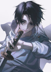 Rule 34 | 1boy, andi 1021, black eyes, black hair, buttons, closed mouth, commentary, english commentary, fingernails, hand up, high collar, highres, holding, holding sword, holding weapon, jacket, jujutsu kaisen, jujutsu tech uniform, katana, long fingernails, long sleeves, looking at viewer, male focus, okkotsu yuuta, puffy long sleeves, puffy sleeves, short hair, simple background, solo, standing, sword, weapon, white background, white jacket