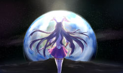 Rule 34 | 1girl, animal ears, backlighting, cowboy shot, david hrusa, earth (planet), from behind, highres, long hair, miniskirt, planet, purple hair, rabbit ears, rabbit girl, rabbit tail, reisen udongein inaba, shirt, short sleeves, sidelocks, signature, skirt, sky, sleeves rolled up, solo, space, star (sky), star (symbol), starry sky, tail, thighhighs, touhou, white shirt, white thighhighs, zettai ryouiki