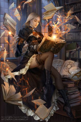 Rule 34 | 1girl, armband, artist name, black footwear, black gloves, black skirt, book, book stack, bookshelf, breasts, cleavage, commentary, commission, deer, english commentary, gloves, half-closed eyes, highres, illusion, jewelry, long hair, long sleeves, magic, necklace, open book, orb, original, ponytail, puffy long sleeves, puffy sleeves, red neckwear, skirt, solan, solo, unicorn, wand, watermark, web address, window, witch