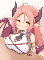 Rule 34 | 1girl, bare shoulders, blush, breast rest, breasts, breasts on table, brown wings, character request, closed mouth, dragon girl, dragon horns, hair between eyes, highres, horns, iris mysteria!, large breasts, long hair, looking at viewer, motion lines, parted bangs, pink hair, pointy ears, shirt, sleeveless, sleeveless shirt, solo, upper body, very long hair, white shirt, wings, yellow eyes, yuu (yumezakura)