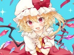Rule 34 | 1girl, :d, ascot, bad id, bad twitter id, blonde hair, blue background, blush, bow, commentary request, crystal, fang, flandre scarlet, flower, hair between eyes, hand up, hat, hat bow, hat flower, honotai, long hair, looking at viewer, mob cap, one side up, open mouth, petticoat, puffy short sleeves, puffy sleeves, red bow, red eyes, red flower, red ribbon, red rose, red skirt, red vest, ribbon, rose, shirt, short sleeves, simple background, skin fang, skirt, smile, solo, sparkle, touhou, upper body, vest, white hat, white shirt, wings, wrist ribbon, yellow ascot