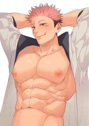 Rule 34 | 1boy, abs, arms behind head, bara, bare pectorals, brown eyes, ccccc (jpn m0), facial mark, highres, itadori yuuji, jacket, jujutsu kaisen, large pectorals, male focus, muscular, muscular male, navel, nipples, open clothes, open jacket, pectorals, pink hair, scar, scar on face, scar on mouth, solo, twitter username, undercut, upper body, white jacket
