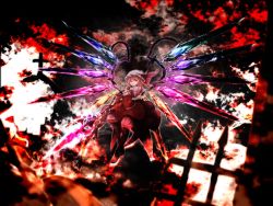 Rule 34 | embodiment of scarlet devil, flandre scarlet, floating, flying, highres, holding, holding weapon, kushidama minaka, looking down, red eyes, smile, solo, touhou, weapon, wings