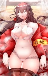 Rule 34 | 1girl, absurdres, armband, azur lane, bra, breasts, brown eyes, brown hair, cameltoe, cleavage, clothes pull, coat, collarbone, curtains, glasses, hair between eyes, highres, lace, lace-trimmed bra, lace-trimmed panties, lace trim, large breasts, lips, lying, navel, on back, open clothes, open coat, open shirt, panties, pantyhose, pantyhose pull, parted lips, red coat, round eyewear, samip, shirt, solo, steam, taihou (azur lane), taihou (sweet time after school) (azur lane), teeth, thighs, underwear, upper teeth only, white panties, white shirt, wooden floor, yellow armband