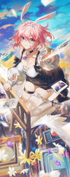 Rule 34 | 1girl, absurdres, alternate costume, animal ears, artist name, black choker, blue eyes, blurry, blurry background, breasts, building, camera, choker, cleavage, closed mouth, clothing cutout, commentary, dated, detached sleeves, fake animal ears, flower, flower ornament, frills, full body, hair intakes, highres, honkai: star rail, honkai (series), looking at viewer, march 7th (honkai: star rail), medium breasts, medium hair, on chair, panties, photo (object), pink eyes, pink hair, rabbit ears, reaching, reaching towards viewer, single thighhigh, skindentation, smile, solo, swkl:d, symbol-only commentary, thigh strap, thighhighs, two-tone eyes, underwear, white panties, white sleeves, white thighhighs, wings