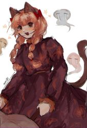 Rule 34 | 1girl, :d, animal ears, bad id, bad twitter id, black dress, blush, bow, braid, cat ears, cat tail, crying, dress, fang, ghost, highres, hitodama, kaenbyou rin, looking at viewer, ochio, open mouth, puffy sleeves, red bow, red eyes, red hair, signature, simple background, sketch, smile, star (symbol), tail, tears, touhou, twin braids, wheelbarrow, white background