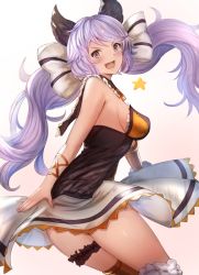 Rule 34 | 1girl, aqua (popogori), black capelet, blue eyes, blush, bow, breasts, bridal garter, capelet, cleavage, dress, granblue fantasy, hair bow, large breasts, light purple hair, long hair, looking at viewer, low twintails, open mouth, satyr (granblue fantasy), simple background, smile, star (symbol), striped, striped bow, thighs, twintails, very long hair, white background, white bow