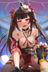 Rule 34 | 1boy, 1girl, absurdres, anzu0130, bare shoulders, bell, black gloves, blush, breasts, brown hair, caelus (honkai: star rail), choker, cleavage, collarbone, commentary request, criss-cross halter, dress, eyeliner, fingerless gloves, flower tattoo, fox mask, girl on top, gloves, gold trim, halterneck, highres, holding hands, honkai: star rail, honkai (series), large breasts, long hair, looking at viewer, makeup, mask, mask on head, neck bell, open mouth, pelvic curtain, red dress, red eyes, sitting, sitting on person, smile, sparkle (honkai: star rail), tattoo, thighs, trailblazer (honkai: star rail), twintails