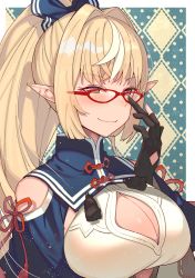Rule 34 | 1girl, absurdres, adjusting eyewear, bare shoulders, black gloves, blonde hair, breasts, cleavage, cleavage cutout, closed mouth, clothing cutout, glasses, gloves, highres, hololive, large breasts, long hair, partially fingerless gloves, pointy ears, ponytail, red-framed eyewear, shiranui flare, shiranui flare (old design), shoulder cutout, smile, solo, tonarikeru, virtual youtuber