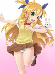 Rule 34 | 10s, 1girl, :d, animal ears, blonde hair, blouse, blush, bow, bowtie, dress shirt, green eyes, hair ribbon, heterochromia, loafers, long hair, looking at viewer, lyrical nanoha, mahou shoujo lyrical nanoha, mahou shoujo lyrical nanoha vivid, musouduki, open mouth, outstretched arm, panties, pantyshot, rabbit ears, red bow, red bowtie, red eyes, ribbon, school uniform, shirt, shoes, skirt, smi, smile, socks, solo, standing, sweater vest, two side up, underwear, very long hair, vest, vivio, white panties, white shirt, white socks