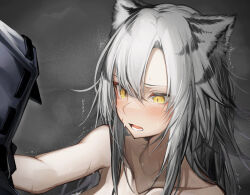 Rule 34 | 1girl, 1other, absurdres, ambiguous gender, animal ears, arknights, blush, collarbone, commentary, doctor (arknights), fang, grey background, grey hair, hair between eyes, highres, indra (arknights), long hair, multicolored hair, nude, open mouth, out-of-frame censoring, paid reward available, skin fang, striped hair, tab head, tiger ears, tiger girl, two-tone hair, upper body, yellow eyes