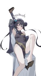 Rule 34 | 1569847238, 1girl, absurdres, armpits, black dress, black footwear, black hair, black jacket, blue archive, blue eyes, breasts, butterfly hair ornament, closed mouth, commentary request, double bun, dragon print, dress, grey halo, hair bun, hair ornament, halo, highres, jacket, kisaki (blue archive), legs, long hair, looking at viewer, medium breasts, pelvic curtain, print dress, shoes, simple background, sitting, sleeveless, sleeveless dress, thighs, twintails, white background