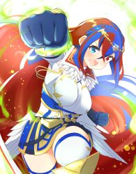 Rule 34 | 1girl, absurdres, alear (female) (divine attire) (fire emblem), alear (female) (fire emblem), alear (fire emblem), black gloves, blue eyes, blue hair, braid, breasts, commentary request, crown braid, fire emblem, fire emblem engage, fire emblem heroes, gloves, gold trim, highres, ikonaska, incoming attack, incoming punch, long hair, medium breasts, multicolored hair, nintendo, official alternate costume, open mouth, punching, red eyes, red hair, solo, split-color hair, thighs, tiara, very long hair
