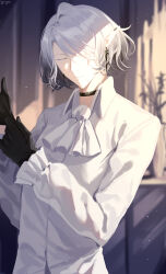 Rule 34 | 1boy, absurdres, arknights, ascot, black choker, black gloves, blurry, blurry background, choker, closed eyes, closed mouth, collared shirt, depth of field, dress shirt, gloves, grey hair, hair over one eye, highres, long sleeves, male focus, pointy ears, puffy long sleeves, puffy sleeves, sanguinarch (arknights), shirt, signature, smile, solo, upper body, white ascot, white shirt, yoruyume