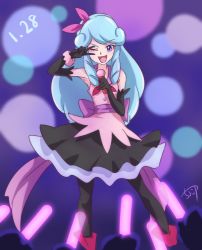 Rule 34 | 10s, 1girl, ;d, black gloves, black pantyhose, black skirt, blue background, blue eyes, blue hair, bow, chocokin, elbow gloves, full body, gloves, hair bow, happinesscharge precure!, hosshiwa, idol, long hair, matching hair/eyes, microphone, one eye closed, open mouth, pantyhose, pink bow, pink shirt, precure, purple bow, shirt, shoes, skirt, sleeveless, sleeveless shirt, smile, solo
