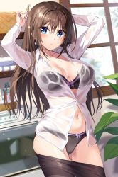 Rule 34 | 1girl, :o, black bra, black panties, black pantyhose, blouse, blue eyes, blush, boku no kanojo sensei, bow, bow bra, bow panties, bra, breasts, brown hair, clothes pull, collared shirt, earrings, fujiki maka, hair ornament, hairclip, holding, indoors, jewelry, large breasts, laundry, long hair, long sleeves, looking at viewer, navel, open clothes, open shirt, oryo (oryo04), panties, pantyhose, pantyhose pull, rain, shirt, sidelocks, stomach, underwear, wet, wet clothes, wet shirt, window
