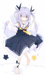 Rule 34 | 1girl, :&lt;, barefoot, black bow, black dress, black ribbon, bow, ciela (yuuhagi (amaretto-no-natsu)), closed mouth, commentary request, dress, grey eyes, grey hair, hair over one eye, hair ribbon, highres, long hair, long sleeves, looking at viewer, original, pinching sleeves, pleated dress, ribbon, sailor collar, sailor dress, shirt, simple background, sleeves past wrists, solo, standing, standing on one leg, star (symbol), two side up, white background, white sailor collar, white shirt, wide sleeves, yuuhagi (amaretto-no-natsu)