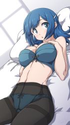 Rule 34 | 1girl, 547th sy, :o, alternate hairstyle, bed, bed sheet, bedroom, black pantyhose, blue hair, blush, bra, breasts, green bra, green panties, hair ornament, hairclip, highres, indoors, kantai collection, large breasts, looking at viewer, lying, medium hair, navel, official alternate costume, on bed, panties, panties under pantyhose, pantyhose, pillow, solo, souryuu (kancolle), underwear