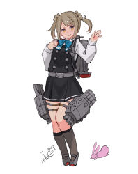 Rule 34 | 1girl, absurdres, animal, black dress, blue bow, bow, breasts, brown hair, brown socks, closed mouth, collared shirt, commentary request, dated, double bun, dress, full body, grey footwear, hair bun, hands up, head tilt, highres, inica, kantai collection, long sleeves, machinery, michishio (kancolle), pinafore dress, puffy long sleeves, puffy sleeves, rabbit, school uniform, shirt, shoes, signature, simple background, sleeveless, sleeveless dress, sleeves past wrists, small breasts, socks, solo, standing, twintails, white background, white shirt, yellow eyes