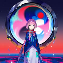 Rule 34 | 1girl, absurdres, blue jacket, expressionless, highres, hood, hooded jacket, horizon, jacket, kaf (kamitsubaki studio), kamitsubaki studio, long hair, looking at viewer, low twintails, multicolored eyes, official art, orb, outstretched hand, palow, pink hair, sky, solo, star (sky), starry sky, twintails, virtual youtuber, yellow pupils
