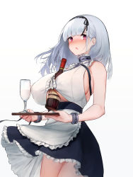 Rule 34 | 1girl, apron, azur lane, bad id, bad pixiv id, between breasts, black hairband, blush, bottle, breasts, clothing cutout, covered erect nipples, cuffs, cup, dido (azur lane), drinking glass, hairband, highres, holding, large breasts, long hair, looking at viewer, nipples, open mouth, purple eyes, see-through silhouette, silver hair, simple background, skirt, sleeveless, solo, tray, underboob cutout, waist apron, white apron, white background, wine bottle, wine glass, yashemao qishi