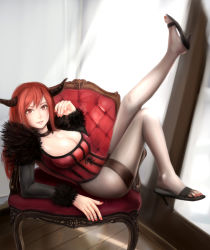 Rule 34 | 10s, 1girl, black pantyhose, breasts, chair, choker, cleavage, feet, high heels, highres, horns, large breasts, leg up, legs, looking at viewer, maou (maoyuu), maoyuu maou yuusha, moekyon, nail polish, pantyhose, red eyes, red hair, red upholstery, shoes, smile, thighband pantyhose, toenail polish, toenails, toes