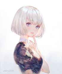 Rule 34 | 1girl, artist name, blue eyes, blush, bob cut, breasts, finger to face, gradient background, looking at viewer, medium breasts, original, parted lips, puffy short sleeves, puffy sleeves, short hair, short sleeves, signature, sketch, smile, solo, upper body, wadanaka, white hair