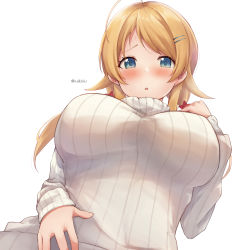 Rule 34 | 1girl, ahoge, blonde hair, blue eyes, blush, breasts, commentary request, from below, hachimiya meguru, hair flaps, hair ornament, hairclip, hand on own chest, hand up, head tilt, highres, idolmaster, idolmaster shiny colors, large breasts, long hair, long sleeves, looking at viewer, looking down, low twintails, parted lips, raised eyebrows, ribbed sweater, shionootsu, simple background, solo, star (symbol), star hair ornament, sweat, sweater, swept bangs, twintails, twitter username, upper body, white background, white sweater