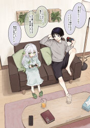 Rule 34 | 1boy, 1girl, alternate costume, alternate hairstyle, barefoot, black hair, black shorts, book, carotinoid001, controller, couch, cup, dress, game controller, genshin impact, green eyes, green footwear, green hair, grey sweater, hair down, highres, holding, indoors, joy-con, lamp, long hair, long sleeves, nahida (genshin impact), plant, pointy ears, remote control, scaramouche (genshin impact), shorts, sitting, slippers, speech bubble, sweater, tissue box, translation request, twitter username, white hair