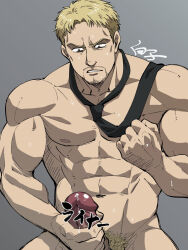 Rule 34 | 1boy, abs, alternate muscle size, bara, blonde hair, censored, clenched hand, closed eyes, derivative work, erection, facial hair, feet out of frame, flexing pectorals, highres, large penis, loose necktie, male focus, male masturbation, masturbation, mosaic censoring, muscular, muscular male, mustache stubble, naked necktie, necktie, nipples, nude, pectorals, penis, precum, reiner braun, screenshot redraw, shingeki no kyojin, shirako (kirupi), short hair, smelling, solo, stubble, testicle hair