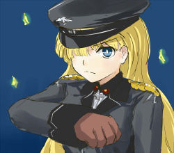 Rule 34 | 1girl, alice soft, blonde hair, blue eyes, daiteikoku, hand over chest, hat, lowres, military, military uniform, nazi, peaked cap, retia adolf, rosary, solo, uniform