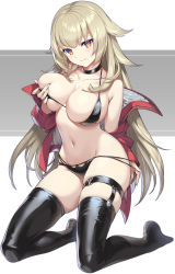 Rule 34 | 1girl, azur lane, bikini, black bikini, black thighhighs, blonde hair, breast hold, breasts, cleavage, collarbone, cosplay, gomashio ponz, hair ornament, highres, jacket, kneeling, large breasts, lifted by self, looking at viewer, navel, official alternate costume, open clothes, open jacket, original, seductive smile, skindentation, smile, solo, swimsuit, taihou (azur lane), taihou (azur lane) (cosplay), taihou (enraptured companion) (azur lane), thigh strap, thighhighs, yellow eyes