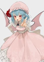Rule 34 | 1girl, absurdres, adapted costume, angry, bat wings, black ribbon, blue hair, blush, brooch, capelet, d:, dress, fang, feet out of frame, floral print, foreshortening, forest, frilled capelet, frilled sleeves, frills, furrowed brow, gotou (nekocat), grey background, hand on own hip, hand up, hat, hat ribbon, highres, jewelry, leaning forward, long dress, long sleeves, looking at viewer, low wings, medium hair, mob cap, nature, neck ribbon, open mouth, pink dress, pink hat, pleated dress, pointing, pointing at viewer, pointy ears, red eyes, red ribbon, remilia scarlet, ribbon, rose print, sash, simple background, sleeve cuffs, solo, standing, touhou, v-shaped eyebrows, white capelet, white sash, wings