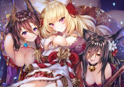 Rule 34 | animal ears, bettle (b s a n), black hair, blonde hair, breasts, brown hair, cat ears, cat girl, cat tail, closed mouth, commentary request, flower, fox ears, fox girl, fox tail, hair between eyes, hair flower, hair ornament, highres, japanese clothes, kayou (sennen sensou aigis), kitsune, koharu (sennen sensou aigis), kurama (sennen sensou aigis), large breasts, long hair, looking at viewer, mole, mole on breast, multiple tails, nail polish, nekomata, pink eyes, purple eyes, sennen sensou aigis, slit pupils, tail, tengu, tongue, tongue out, yellow eyes
