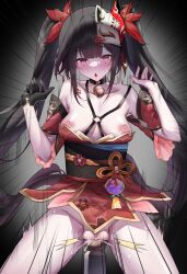 Rule 34 | 18377144375deadpool, 1girl, absurdres, bed post, bell, black gloves, black hair, blush, breasts, breasts out, cunt punt, earrings, empty eyes, fish, gloves, hair ornament, highres, honkai: star rail, honkai (series), japanese clothes, jewelry, long hair, mask, neck bell, nipples, no panties, pelvic curtain, pussy, pussy juice, red eyes, simple background, solo, sparkle (honkai: star rail), spread legs, uncensored