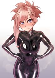 Rule 34 | 1girl, absurdres, bell, blush, bodysuit, breasts, commission, fate/grand order, fate (series), hair bell, hair intakes, hair ornament, hands on own hips, highres, hot, kilye kairi, latex, latex bodysuit, looking at viewer, medium breasts, miyamoto musashi (fate), orange hair, purple eyes, sidelocks, skeb commission, skin tight, smile, solo, sweat, wet, wet clothes, zipper